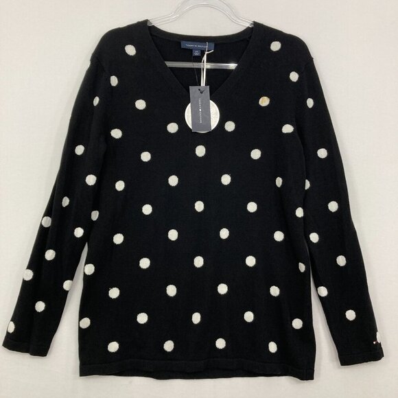 New Tommy Hilfiger Large Black White Polka Dot Crew Neck Light Knit Sweater - Picture 1 of 10